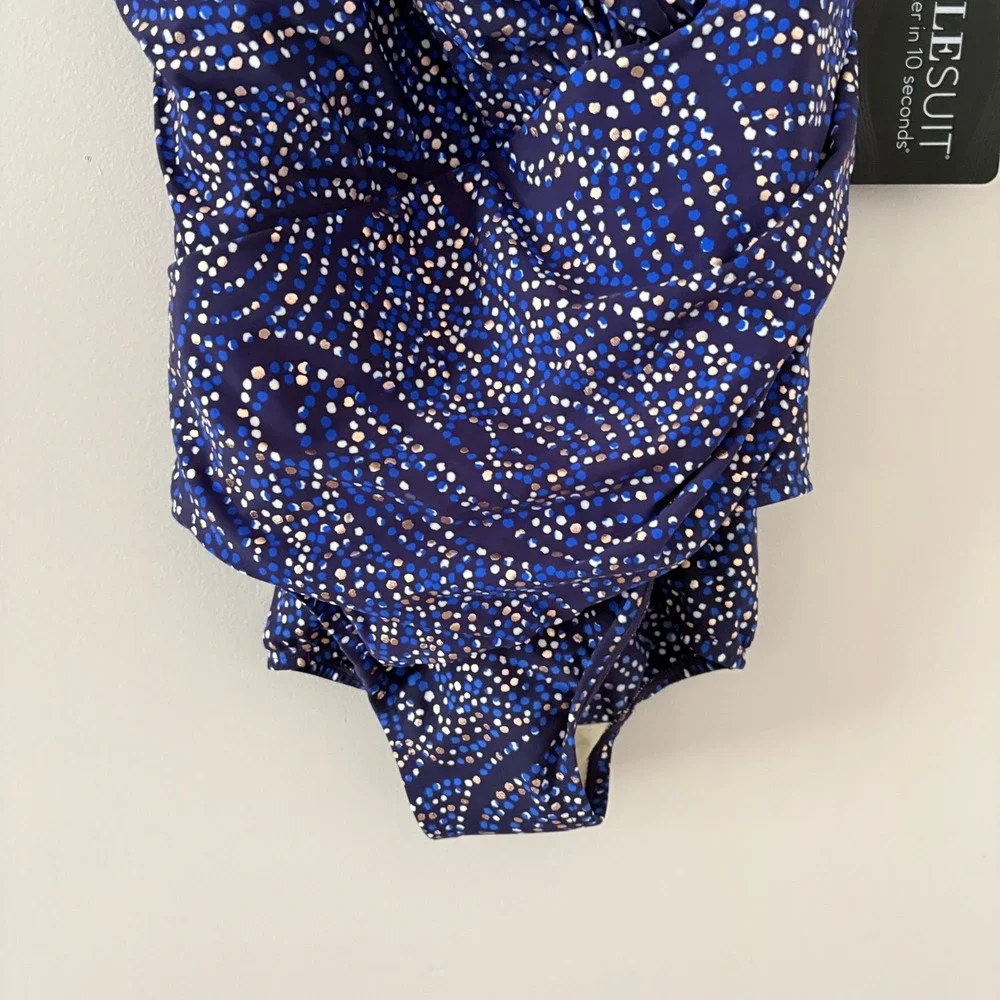 Miraclesuit One Piece Oceanus 20W Plum Multi Blue Abstract Ruched Slimming Swim